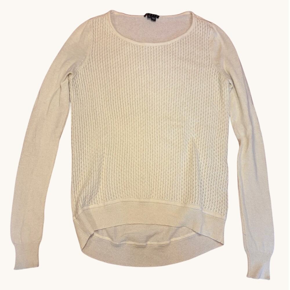 THEORY Women's 100% Cashmere Waffle Knit Crewneck Sweater SMALL PETITE Cream